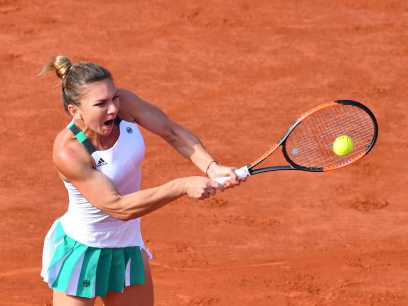 PARIS, FRANCE - JUNE 08: Simona Halep of Romania in action against Karolina Pliskova of Czech Republic during their semifinal final match of the French Open tennis tournament at the Roland Garros stadium in Paris, France on June 08, 2017. Mustafa Yalcin / Anadolu Agency / SPORT PICTURES
